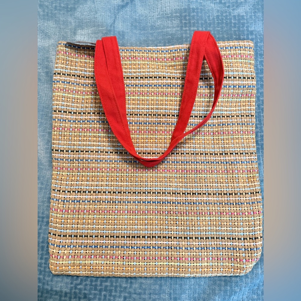Stylish Woven Tote Bag with Red Handles NWT